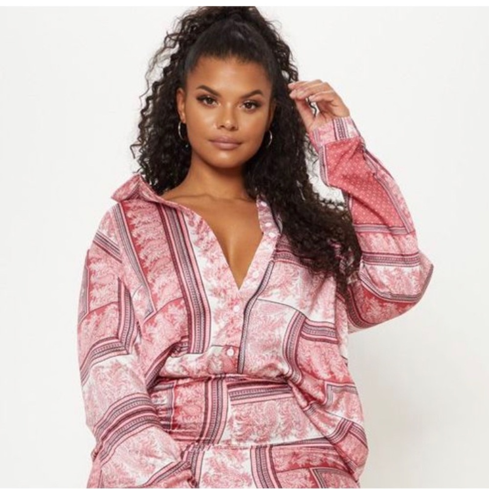 Plus Size Oversized Pink Scarf Print Blouse